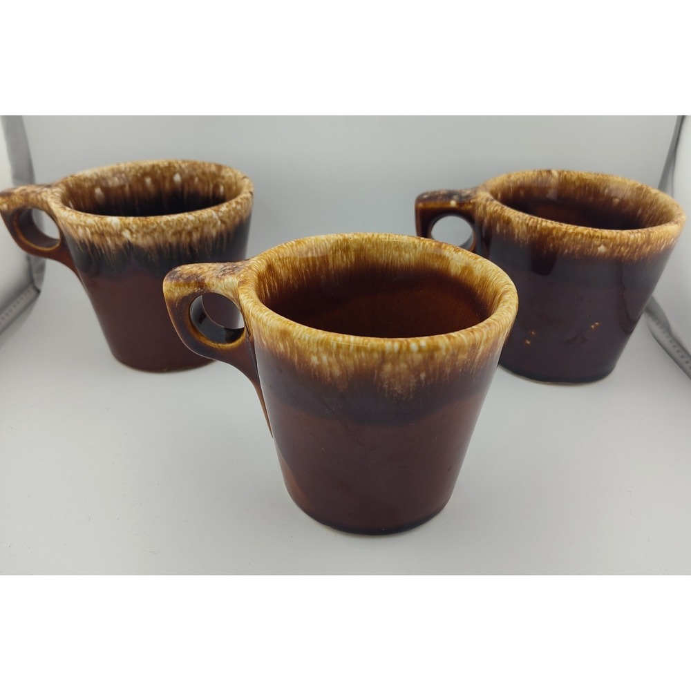 Three oven proof Hull stoneware mugs brown drip coffee tea hot cocoa beverage